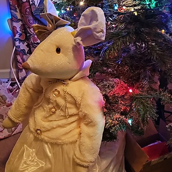 Vintage Holiday Sitting Field Mouse Faux Fur Coat and Gold Bootsapprox…